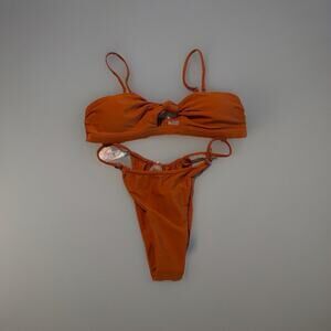 Women’s 2 Piece Bikini Large Rust Orange Twist Front Bandeau Brazilian Thong